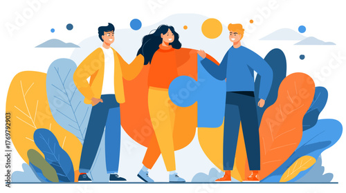 Illustration of three diverse friends collaborating on a puzzle in a vibrant setting
