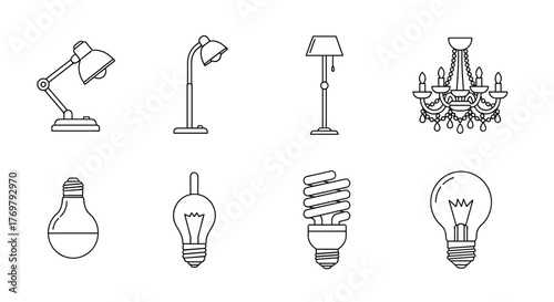 Set of minimalistic linear icons representing various lighting fixtures, including desk lamps, floor lamps, a chandelier, and different types of light bulbs such as incandescent, LED, and CFL