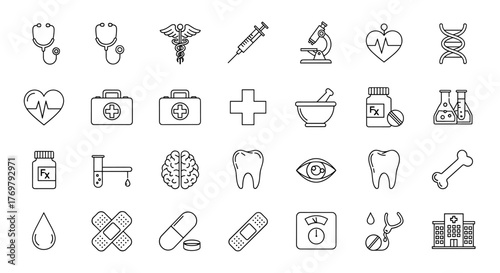 A comprehensive collection of medical and health-themed line icons, showcasing a variety of essential symbols and tools used in healthcare, research, and scientific endeavors, presented on a clean