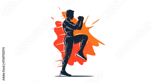 Dynamic Silhouette of a Person Performing High Knees Exercise, Emphasizing Cardio Workout and Athleticism with a Vibrant Orange and Red Splash Background, Perfect for Fitness and Sports Concepts