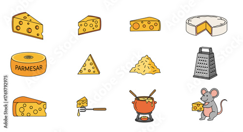 Collection of stylized cheese icons and illustrations, featuring various cheese types like Parmesan and Brie, cheese fondue, a grater, and a cute mouse holding cheese, perfect for graphic design