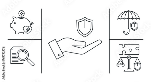 Insurance and Risk Management Icons: A comprehensive set of line art symbols representing financial security, policyholder protection, and risk coverage, including a piggy bank with a heart, a hand