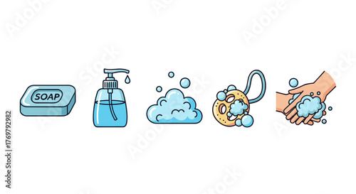 A clear, linear vector illustration depicting the process of handwashing, featuring a bar of soap, a pump bottle of liquid soap, a cloud of bubbles, a sponge with soap suds, and finally, hands being