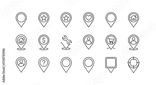 Collection of thin line map pin icons, featuring diverse symbols like stars, hearts, houses, dollar signs, tools, people, shopping carts, question marks, and target reticles, presented on a clean