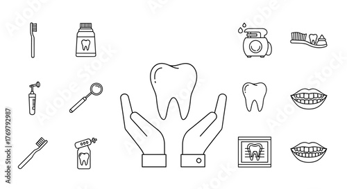 A clean and modern linear illustration depicting dental care and oral hygiene, featuring a prominent tooth held gently between two hands, surrounded by essential dental tools like toothbrushes