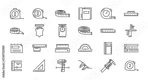 A comprehensive collection of measuring tool line icons, including tape measures, scales, rulers, protractors, calipers, and more, presented with editable strokes, perfect for web design, books