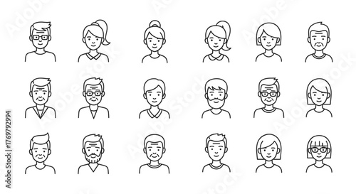 Set of diverse male and female user avatars in a thin line icon style, featuring various ages and hairstyles, perfect for web, books, cards, and apps, presented as a clean vector cartoon illustration