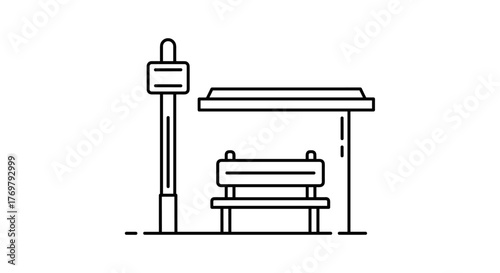 Minimalist linear style icon of a bus stop featuring a bench and a sign, presented in a clean, modern aesthetic on a black background, perfect for transportation and urban design concepts.