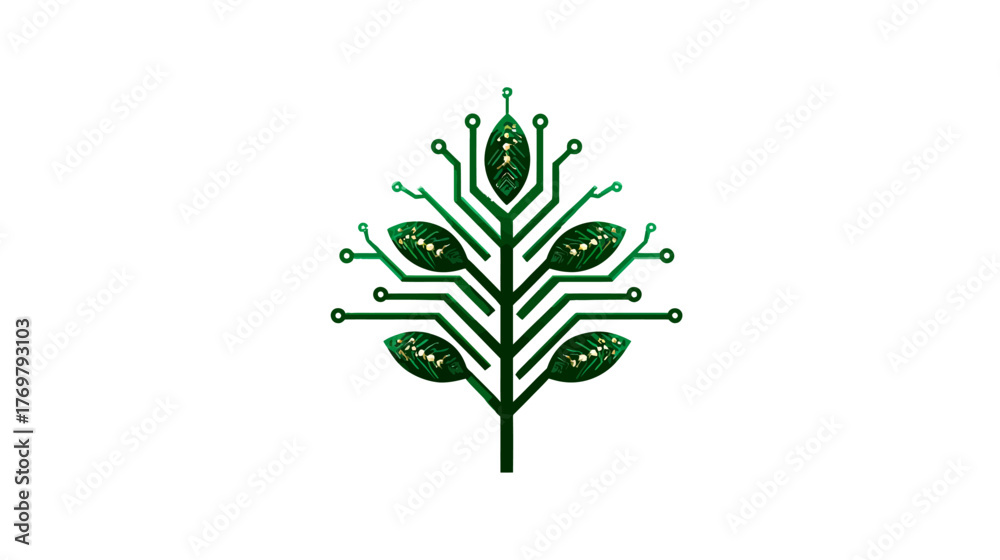 Obraz premium Stylized tree made of green circuit board elements with golden-speckled leaves, white background