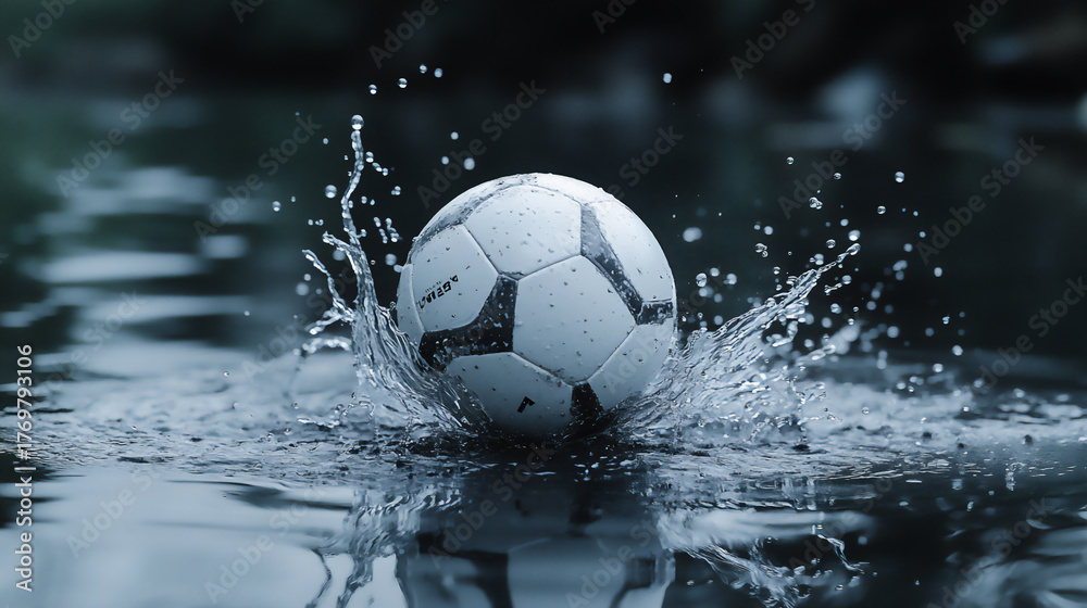 Naklejka premium Soccer ball splashes in water during rainy day at a local park
