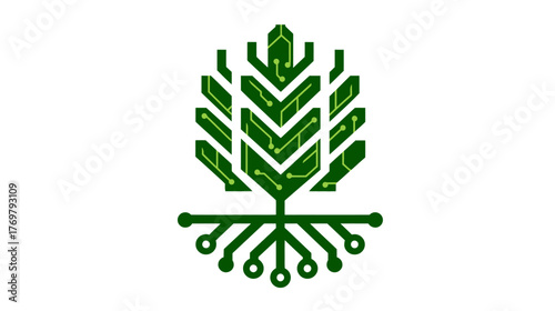 Stylized green circuit board tree on white background, merging tech and nature