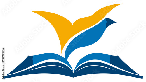 A stylized bird with blue and yellow wings emerges from an open book's pages