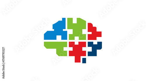 Colorful puzzle pieces form the shape of a brain on a white background