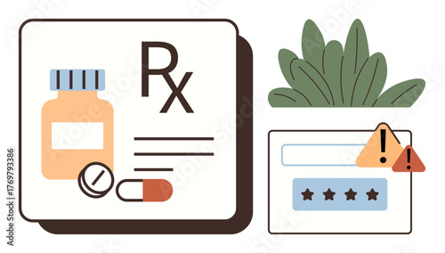 Medication bottle, pills, Rx symbol alongside a password box with warning alerts and a plant. Ideal for healthcare, technology, security, privacy, data protection online safety pharmacy. Simple