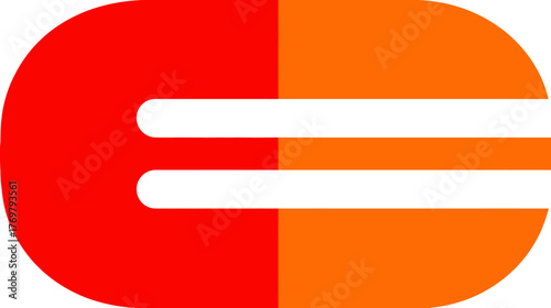 A bold, stylized letter E with rounded sides, bisected into red and orange