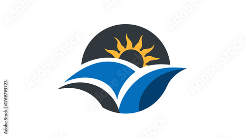 Abstract symbol of sun rising over stylized blue waves and dark hills