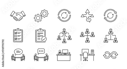 Collection of business icons representing teamwork, collaboration, project management, and workflow processes, including handshake, gears, organizational charts, checklists, and office setups, all in