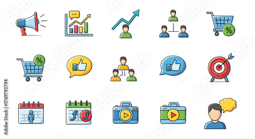 A vibrant collection of flat design icons representing digital marketing and business concepts, including a megaphone, growth charts, shopping carts, social media likes, team collaboration, targets