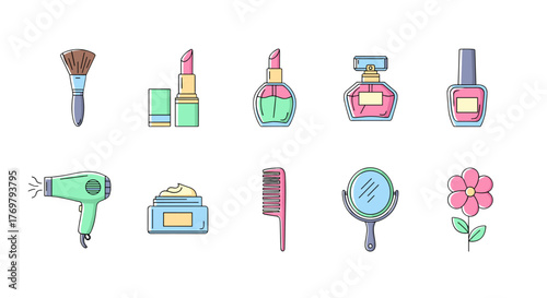 A collection of flat design icons representing beauty and personal care products, including a makeup brush, lipstick, perfume bottles, nail polish, a hairdryer, face cream, a comb, a hand mirror, and