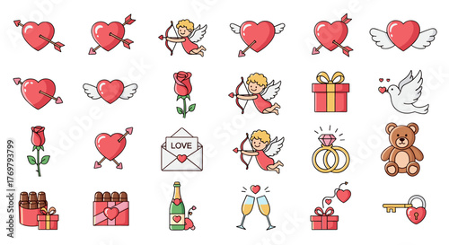 Collection of Valentine's Day icons and symbols, including cupid, hearts pierced by arrows, roses, doves, gift boxes, champagne, teddy bear, wedding rings, and a heart-shaped lock with a key, perfect