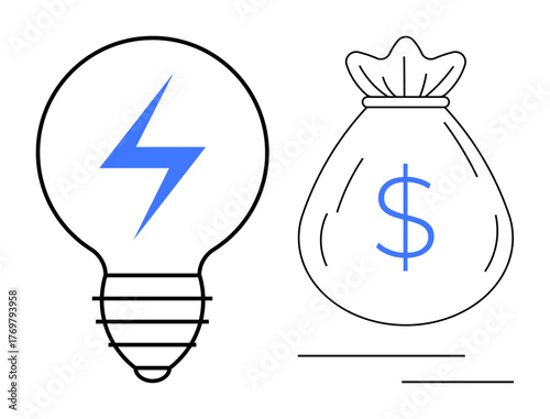 Light bulb with blue lightning bolt beside dollar-marked bag. Ideal for energy savings, financial efficiency, sustainability, investment, innovation, electricity, technology. Simple flat metaphor