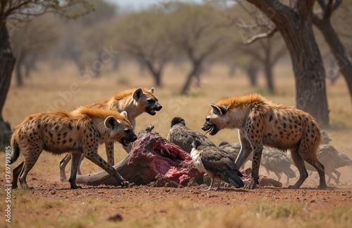Hyenas eat carcass on dry savanna ground surrounded by birds. Spotted predators tear flesh off dead animal in African wilderness. Wild nature scene depicts fierce feeding frenzy at day.