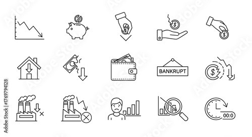 Set of economic crisis line icons, economic outline icons pack, minimalist linear icons, bankruptcy icon set, editable stroke, vector collection, order, finance, business, graph, money, investment