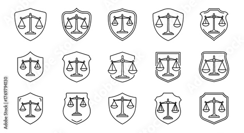 Collection of fifteen stylized outline icons featuring the Scales of Justice within various shield shapes, presented on a black background, ideal for graphic design, web development, app interfaces