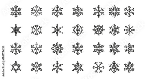 Collection of 24 unique, minimalistic, and linear snowflake icons with editable stroke, perfect for winter-themed designs, holiday cards, app icons, banners, social media posts, and graphic