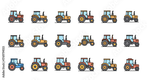 Set of minimalistic linear pictograms of tractors in filled color style, representing agricultural machinery for web and graphic design, apps, banners, social networks, and cards. Vector cartoon