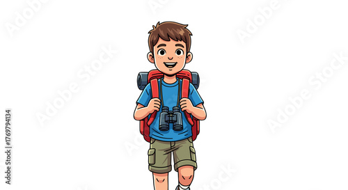 Joyful young boy with a large backpack and binoculars, ready for adventure, depicted in a vibrant cartoon illustration, perfect for travel, hiking, and outdoor exploration themes.
