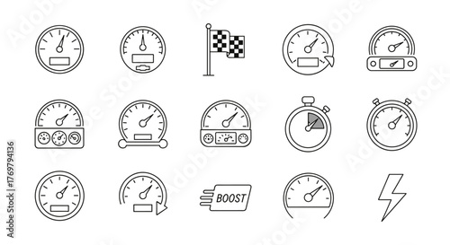 Speedometer thin line icon set, outline signs for graphic and web design, apps, adverts, various cards, vector cartoon illustration with a white background. Includes gauges, tachometers, stopwatches