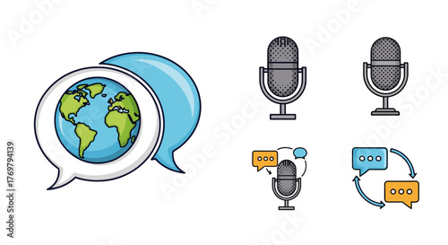 Collection of Talking Icons Featuring a Speech Bubble with a Globe, Microphones, and Chat Bubbles, Representing Global Communication, Podcasting, and Online Discussions. Vector Cartoon Illustration