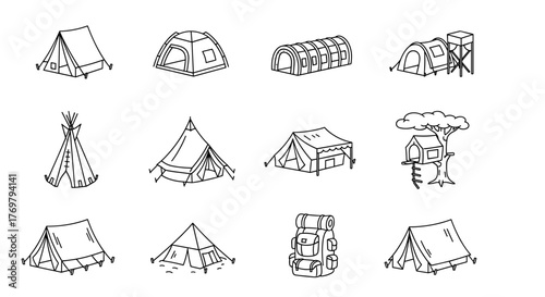 Collection of outline tent icons and a backpack, representing various camping and outdoor shelter styles, including teepees, dome tents, and tunnel tents, suitable for graphic design, web, apps, and