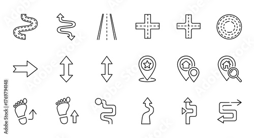 A collection of minimalist line icons representing various paths, directions, and navigation elements, including winding roads, straight paths, arrows, map pins, and directional signs, perfect for