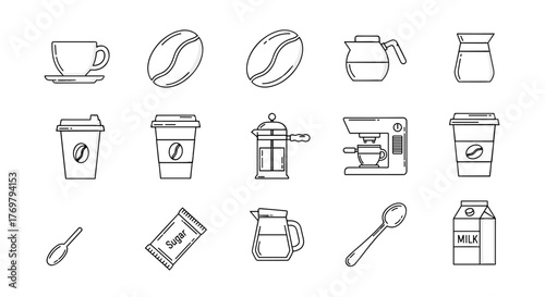 Collection of stylized white line art icons representing various coffee-related items on a black background, including cups, coffee beans, a French press, a coffee maker, a milk carton, a sugar