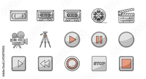 A collection of vintage and modern video icons, including VHS tapes, cassette tapes, film reels, clapperboards, video cameras, tripods, and playback controls like play, pause, stop, and rewind