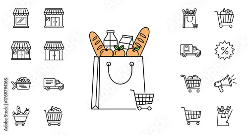 A collection of line art icons representing various aspects of grocery shopping and retail, including storefronts, a shopping bag filled with food items like bread and fruit, delivery trucks