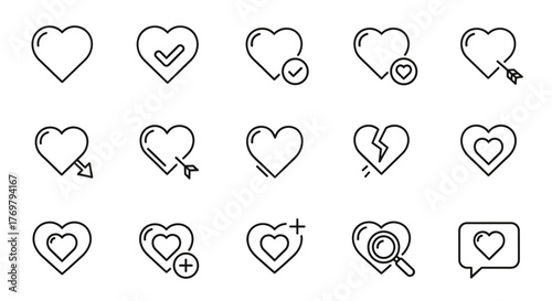 Collection of heart vector icons representing love, favorites, and like concepts for UI, UX, and GUI design. This ordered line icon set features various heart styles including a simple heart, checked