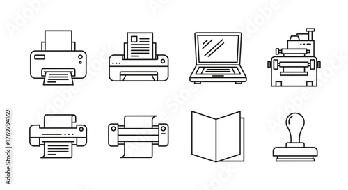 A clean, minimalist line art icon set representing printing and office equipment, featuring a printer, scanner, offset machine, plotter, brochure, and rubber stamp, perfect for polygraphy and