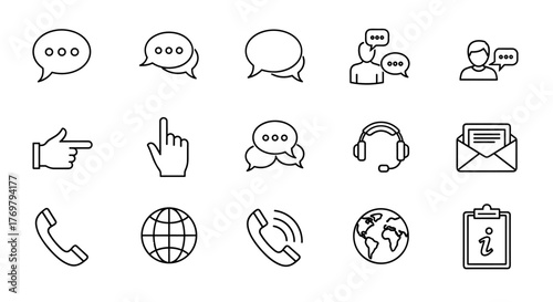 A collection of communication and speaking web icons in a clean line style, featuring elements like chat bubbles, speech, talking points, support messages, phone calls, a globe, and information