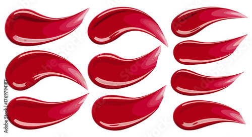 Vibrant red lip gloss swatch set featuring glossy smears with a shiny texture, showcasing curved shapes of application strokes, perfect for cosmetic beauty product samples and makeup advertising.