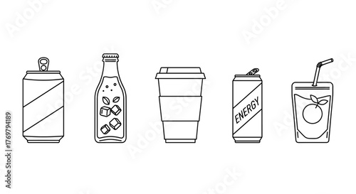 Set of clean, minimalist line-style icons representing various vending machine drinks and items, including a soda can, bottled tea, coffee cup, energy drink, and juice pouch, perfect for modern