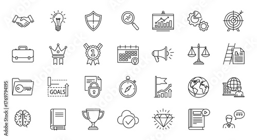 A comprehensive collection of outline icons representing key business concepts including management, administration, supervision, leadership, governance, and strategic planning, presented with