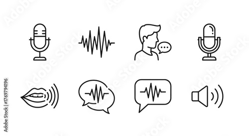 Collection of outline icons representing voice and sound commands, including microphones, sound waves, a person speaking with speech bubbles, lips emitting sound waves, and a speaker icon, perfect