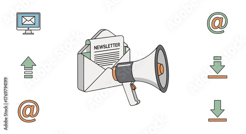 Vector cartoon illustration of a newsletter subscription banner featuring an open envelope with a document labeled "NEWSLETTER" and a megaphone, surrounded by icons representing email, upload, and