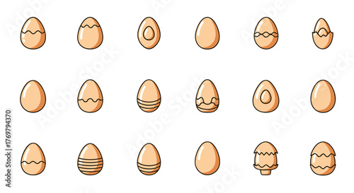 Collection of diverse cartoon egg illustrations, featuring various designs like cracked, striped, and plain eggs, perfect for app icons, web graphics, banners, and infographics, all rendered with