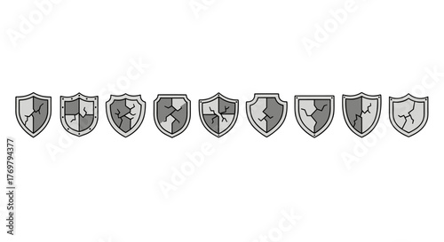 Set of nine cracked shield icons in a linear arrangement, presented in a clean, modern, vector cartoon illustration style. These graphic resources are ideal for use in designs, books, advertisements