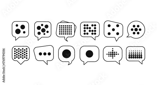 Set of diverse speech bubble icons featuring dot patterns and solid circles, perfect for graphic design, web sites, cards, books, and articles, presented as a vector cartoon illustration with a clean