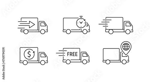 Set of six outline delivery truck icons representing various aspects of logistics and shipping services, including express delivery, fast shipping, free delivery with hours, dollar sign for cost, and